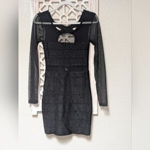 Forever 21 dress women's medium black criss cross back metallic sheer bodycon